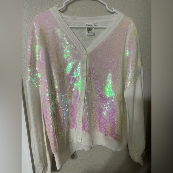 QUEEN OF SPARKLES Sweaters - Queen of Sparkles White Iridiscent Sequin Cardigan
